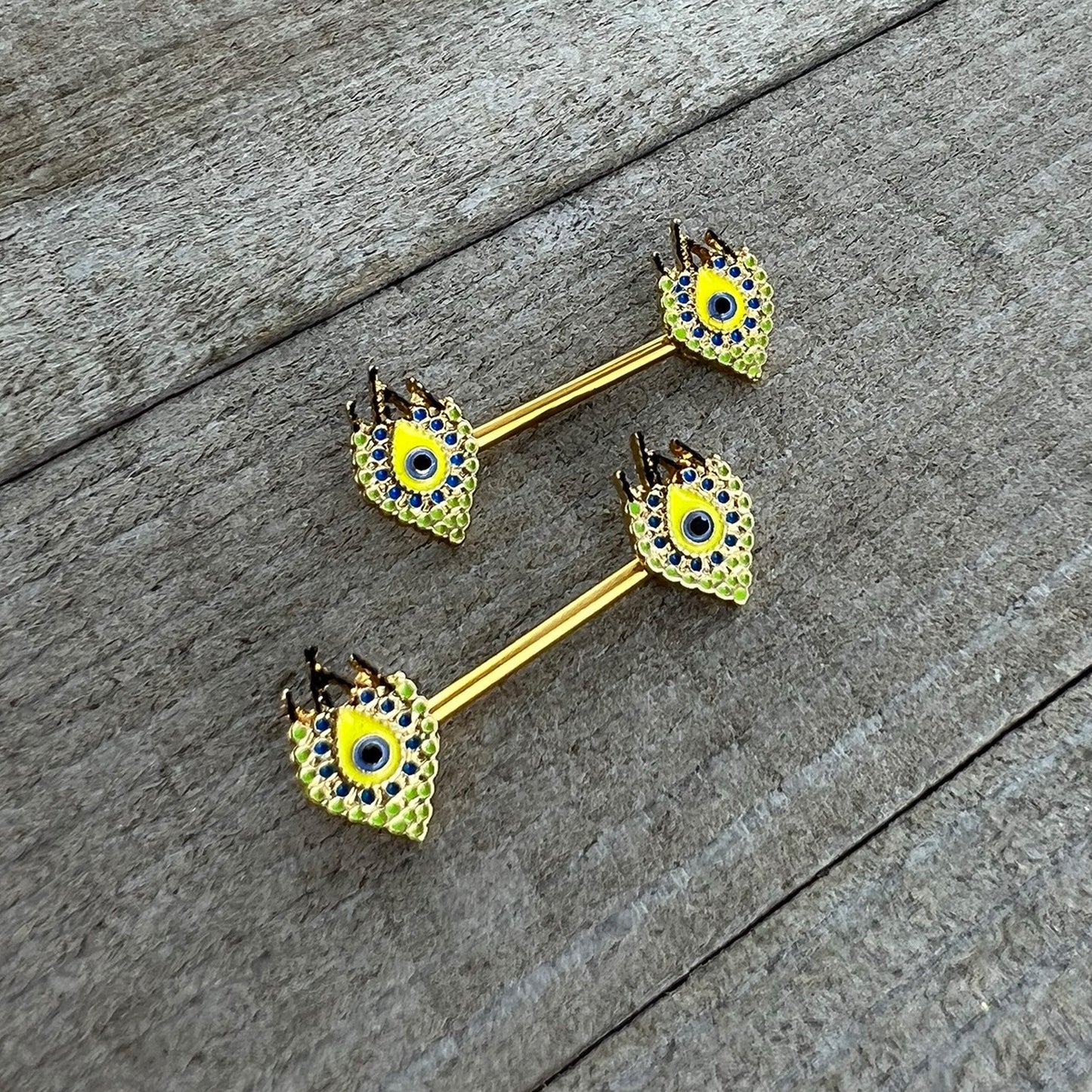 14G 9/16 Gold Tone Bold Peacock Feather Barbell Nipple Ring Set