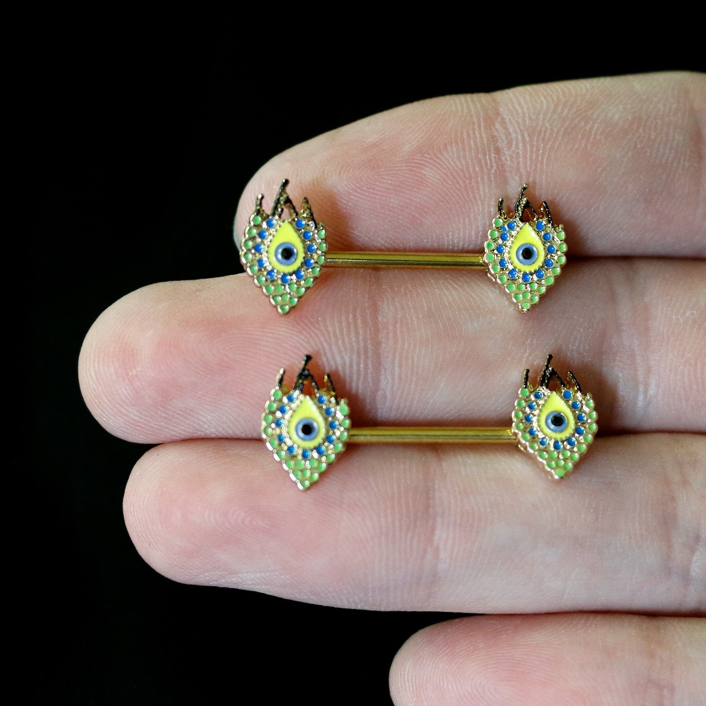 14G 9/16 Gold Tone Bold Peacock Feather Barbell Nipple Ring Set