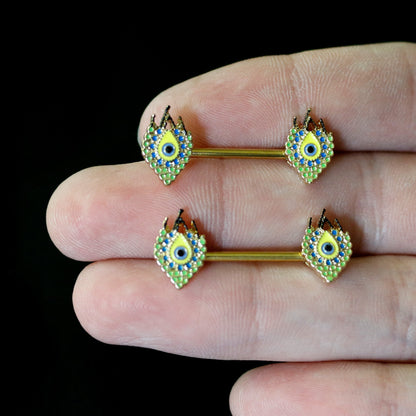 14G 9/16 Gold Tone Bold Peacock Feather Barbell Nipple Ring Set