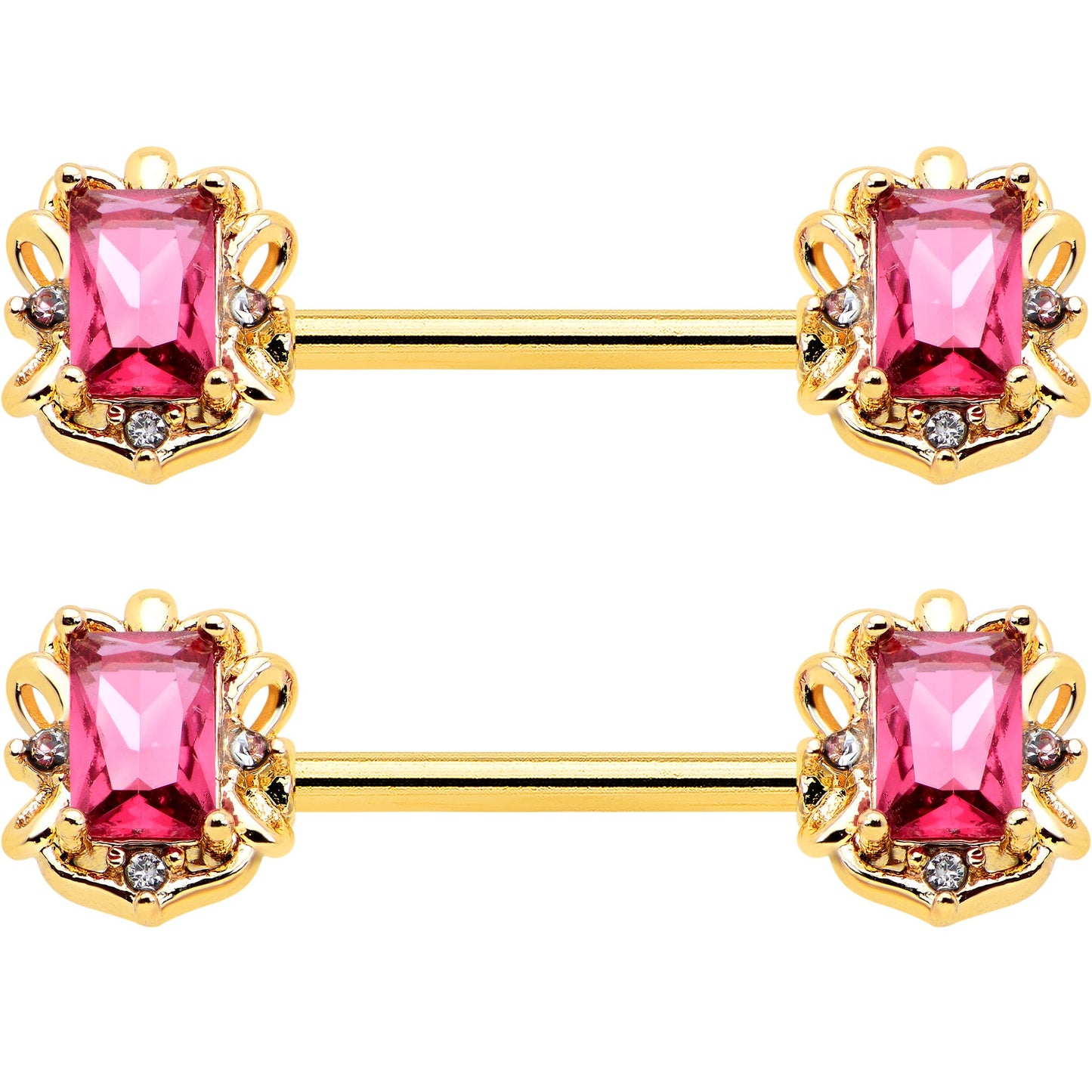 14G 9/16 Red Gem Gold Hue Regal Escutcheon Barbell Nipple Ring Set