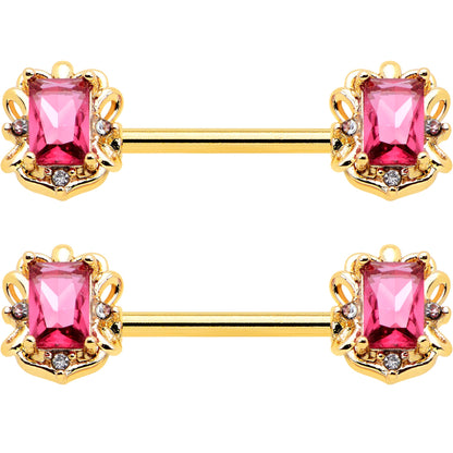 14G 9/16 Red Gem Gold Hue Regal Escutcheon Barbell Nipple Ring Set