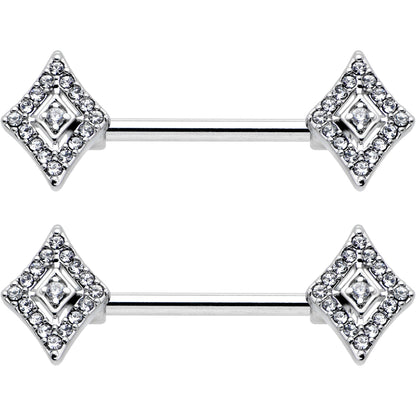 14G 9/16 Clear Gem Double Rhombus Deco Barbell Nipple Ring Set