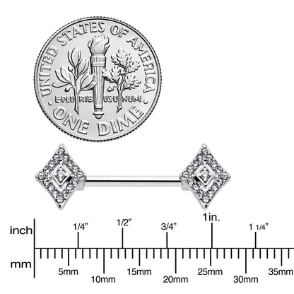 14G 9/16 Clear Gem Double Rhombus Deco Barbell Nipple Ring Set