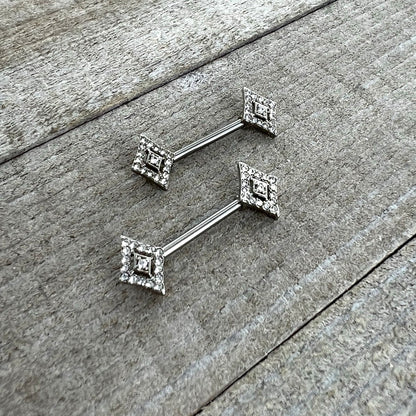14G 9/16 Clear Gem Double Rhombus Deco Barbell Nipple Ring Set