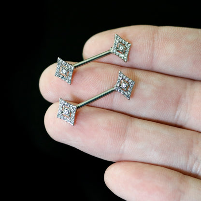 14G 9/16 Clear Gem Double Rhombus Deco Barbell Nipple Ring Set