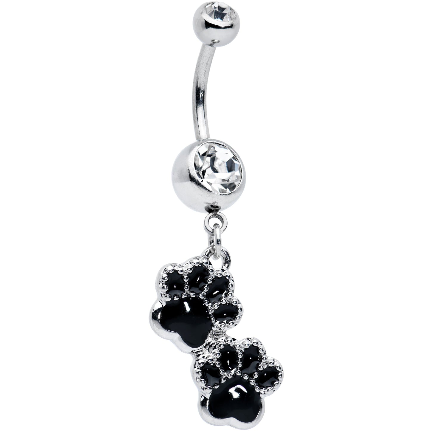 Clear Gem Textured Black Paw Print Dangle Belly Ring