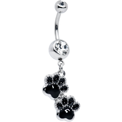 Clear Gem Textured Black Paw Print Dangle Belly Ring