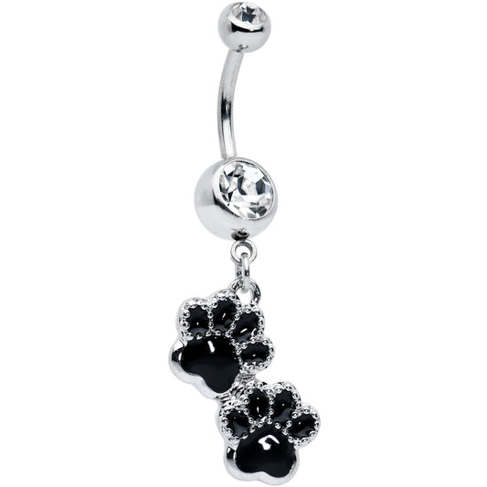 Clear Gem Textured Black Paw Print Dangle Belly Ring