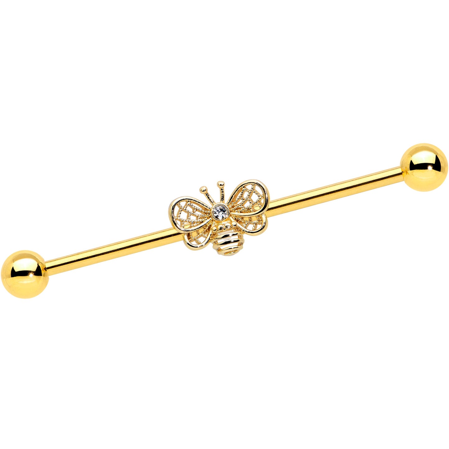14G Clear Gem Gold Tone Beauty Bee Industrial Barbell 38mm