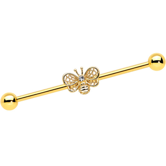 14G Clear Gem Gold Tone Beauty Bee Industrial Barbell 38mm