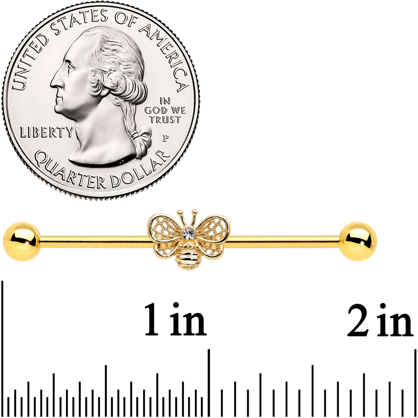 14G Clear Gem Gold Tone Beauty Bee Industrial Barbell 38mm