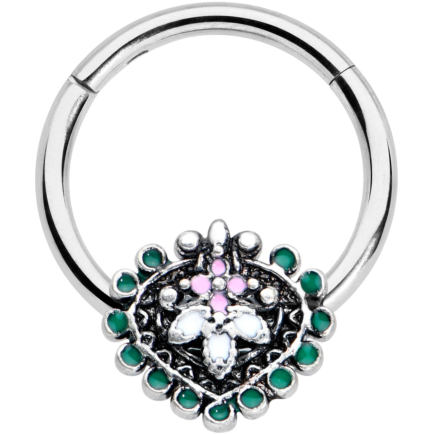 16G 3/8 Stylized Pink Green Abstract Leaf Hinged Segment Ring