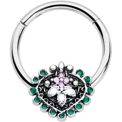 16G 3/8 Stylized Pink Green Abstract Leaf Hinged Segment Ring