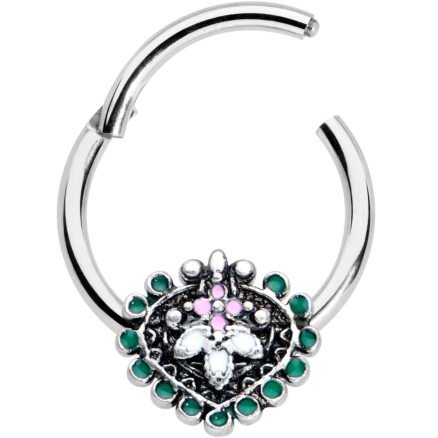 16G 3/8 Stylized Pink Green Abstract Leaf Hinged Segment Ring