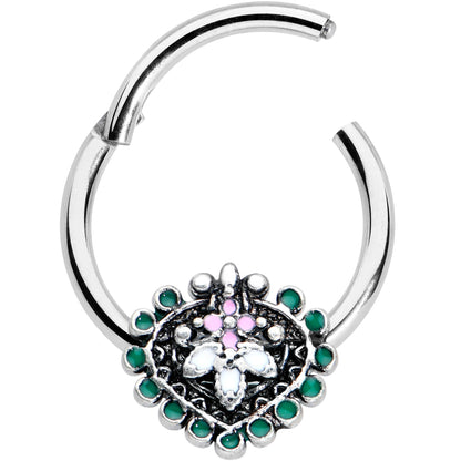 16G 3/8 Stylized Pink Green Abstract Leaf Hinged Segment Ring