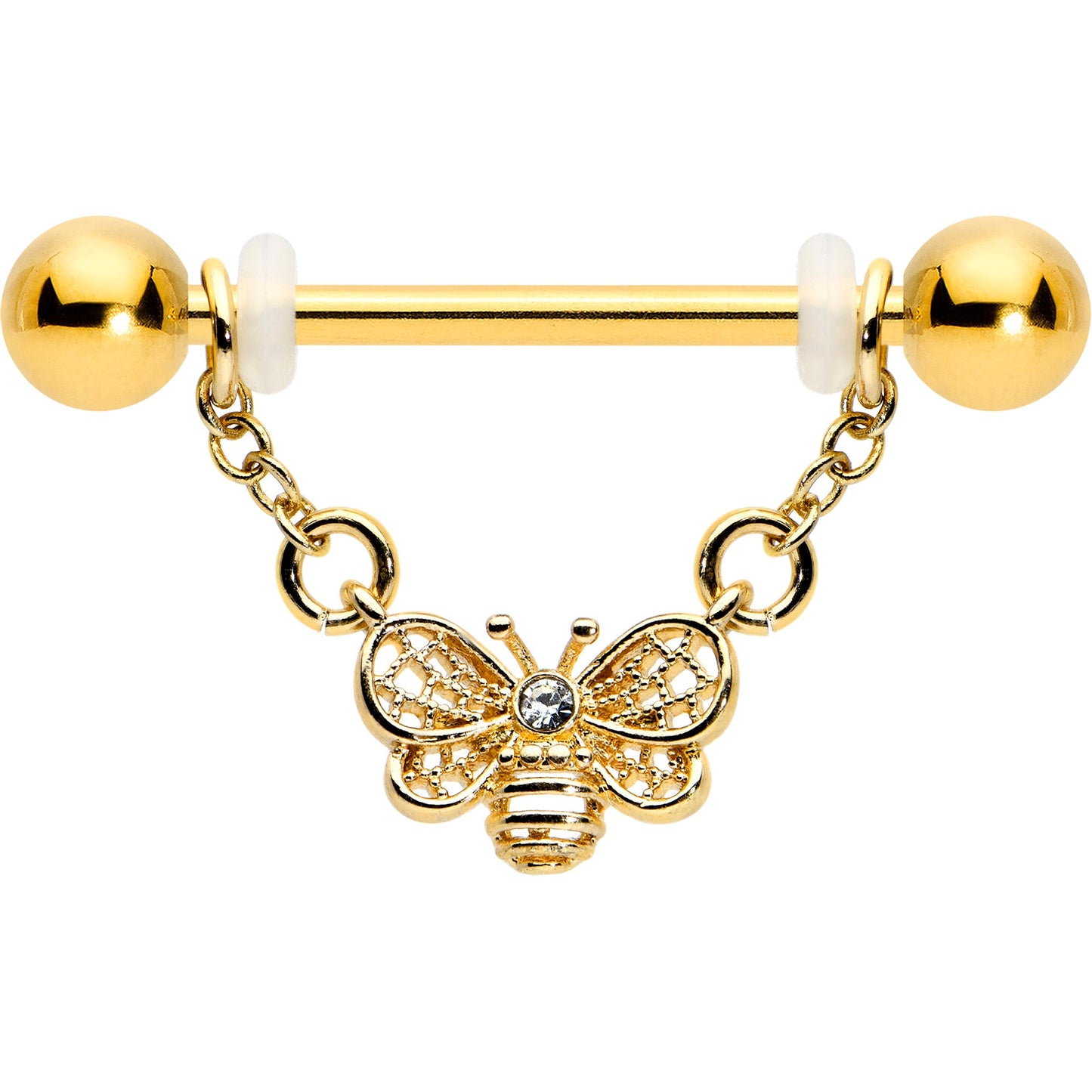 14G 5/8 Clear Gem Gold Tone Chain Dangle Barbell Nipple Ring Set