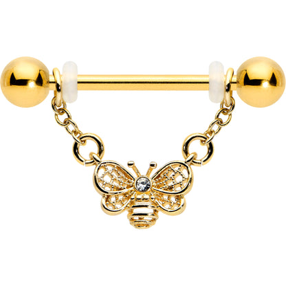 14G 5/8 Clear Gem Gold Tone Chain Dangle Barbell Nipple Ring Set