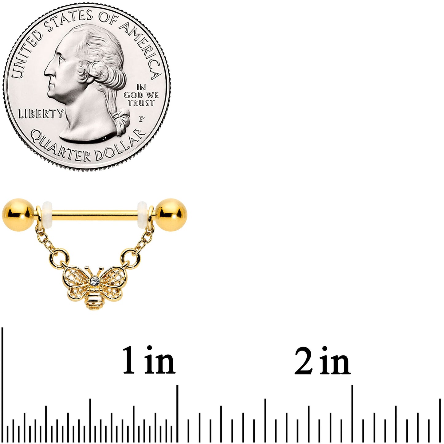 14G 5/8 Clear Gem Gold Tone Chain Dangle Barbell Nipple Ring Set