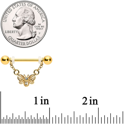 14G 5/8 Clear Gem Gold Tone Chain Dangle Barbell Nipple Ring Set