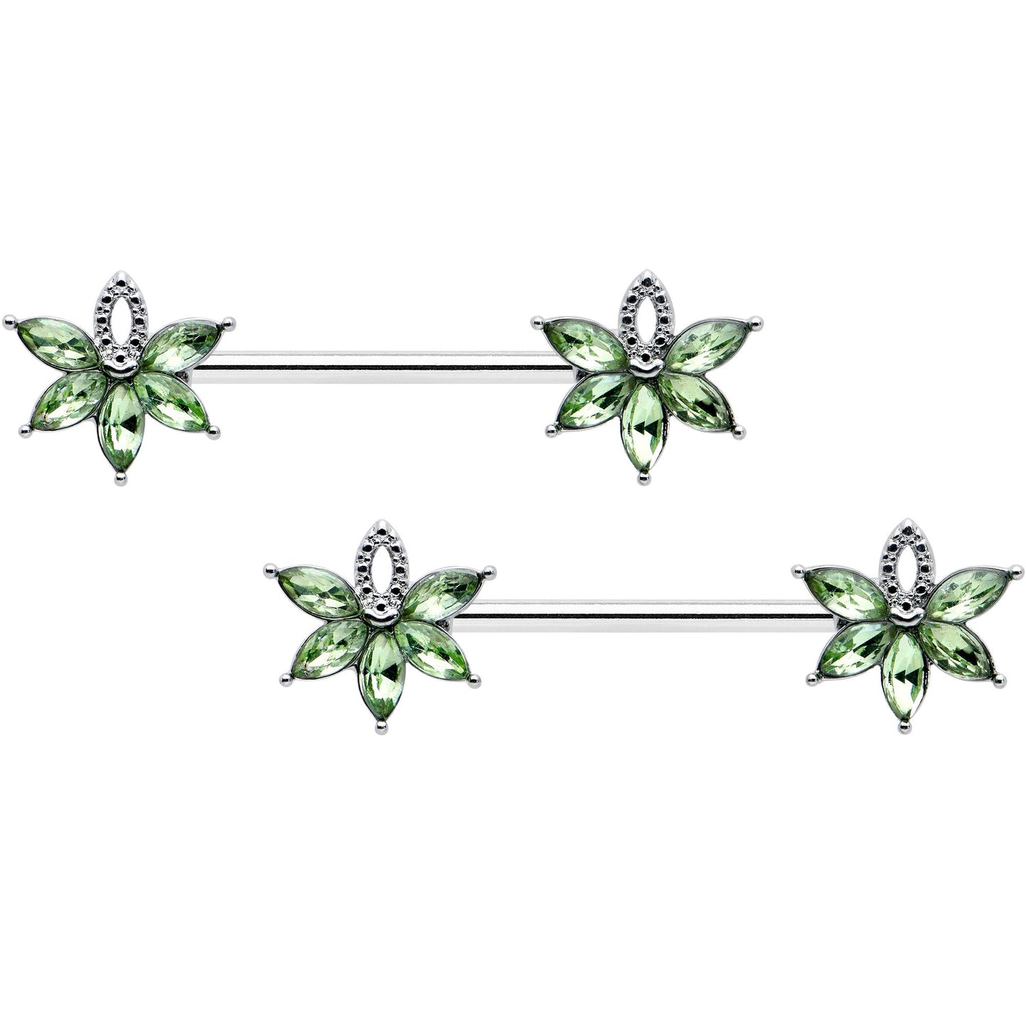 14G 9/16 Green Gem Texture Loopy Pot Leaf Barbell Nipple Ring Set