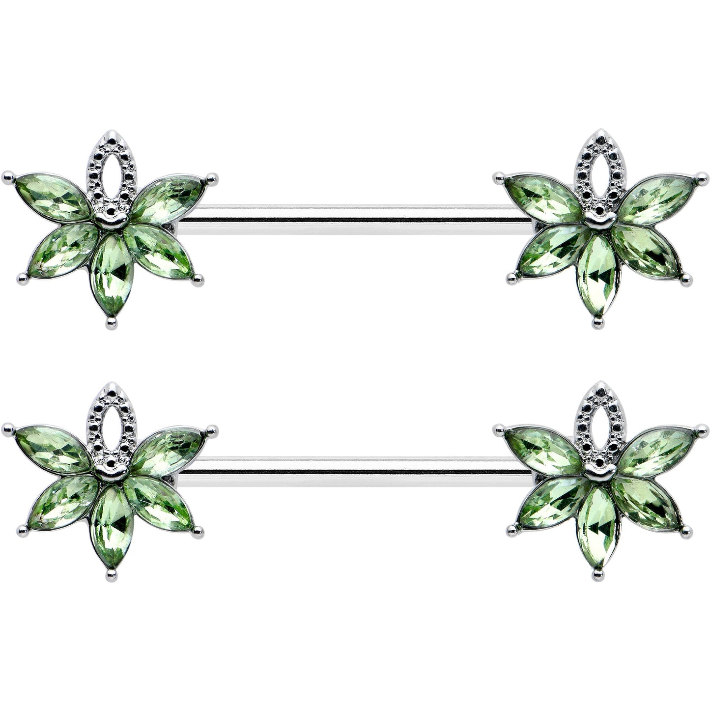 14G 9/16 Green Gem Texture Loopy Pot Leaf Barbell Nipple Ring Set