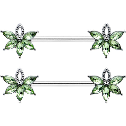 14G 9/16 Green Gem Texture Loopy Pot Leaf Barbell Nipple Ring Set