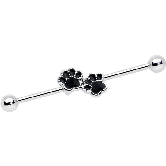14G Textured Black Paw Prints Industrial Barbell 38mm