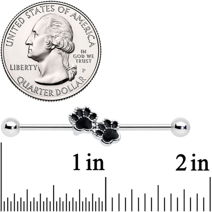 14G Textured Black Paw Prints Industrial Barbell 38mm
