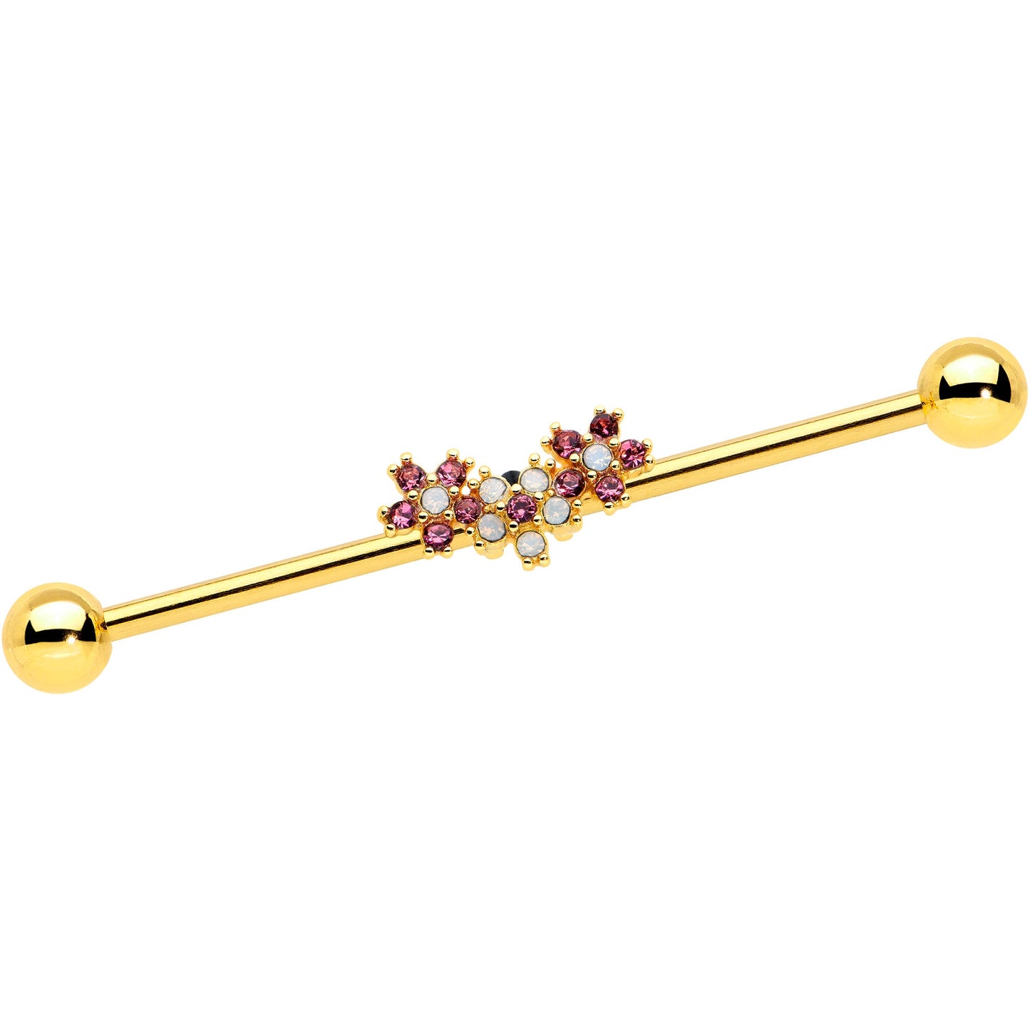 14G White Faux Opal Gold Hue Bunch Flower Industrial Barbell 38mm