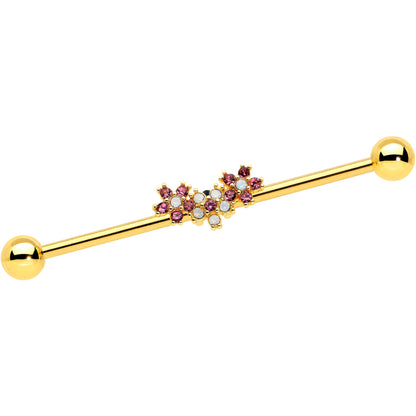 14G White Faux Opal Gold Hue Bunch Flower Industrial Barbell 38mm