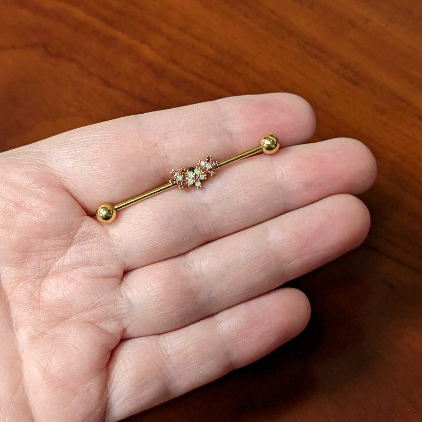 14G White Faux Opal Gold Hue Bunch Flower Industrial Barbell 38mm