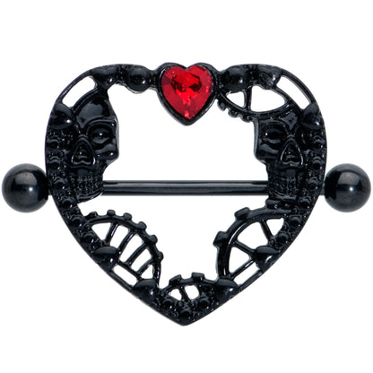 14G 7/8 Red Gem Black Skeleton Steampunk Heart Nipple Shield Set
