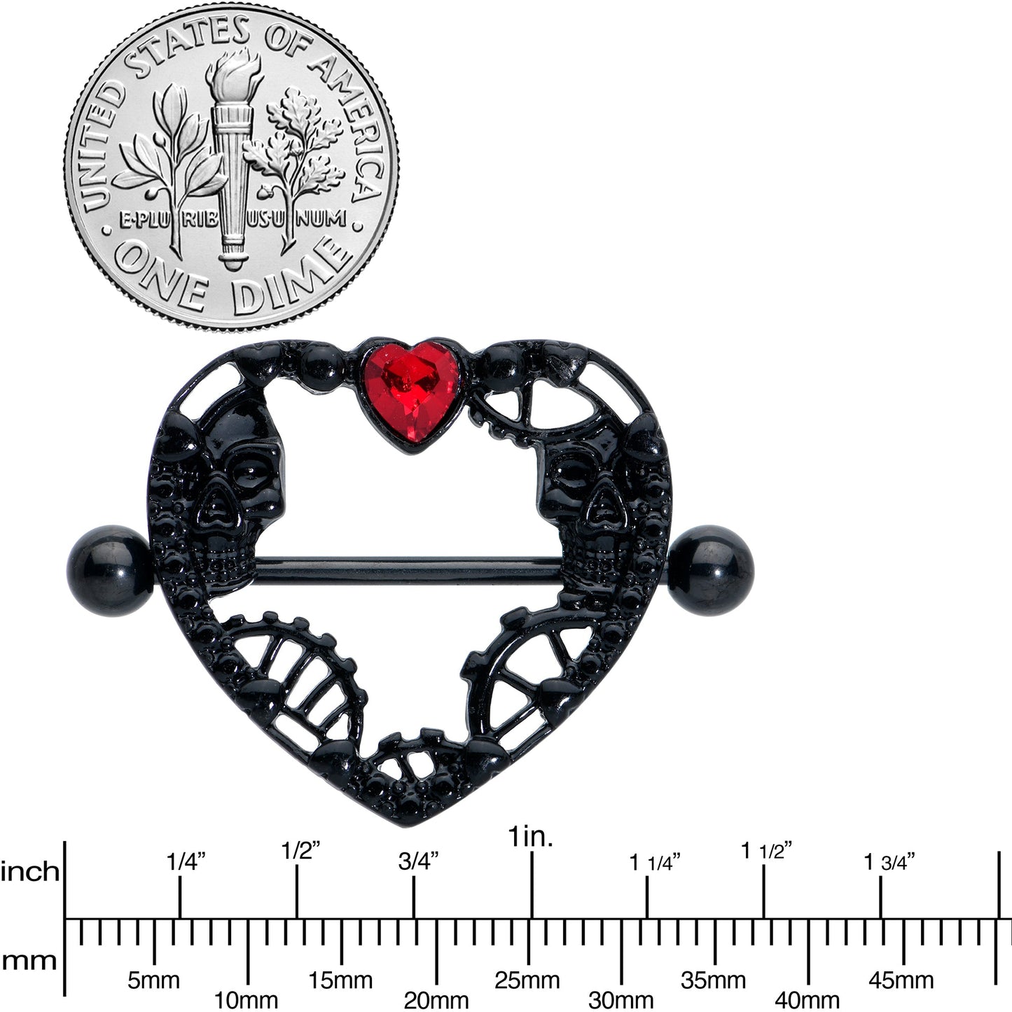 14G 7/8 Red Gem Black Skeleton Steampunk Heart Nipple Shield Set