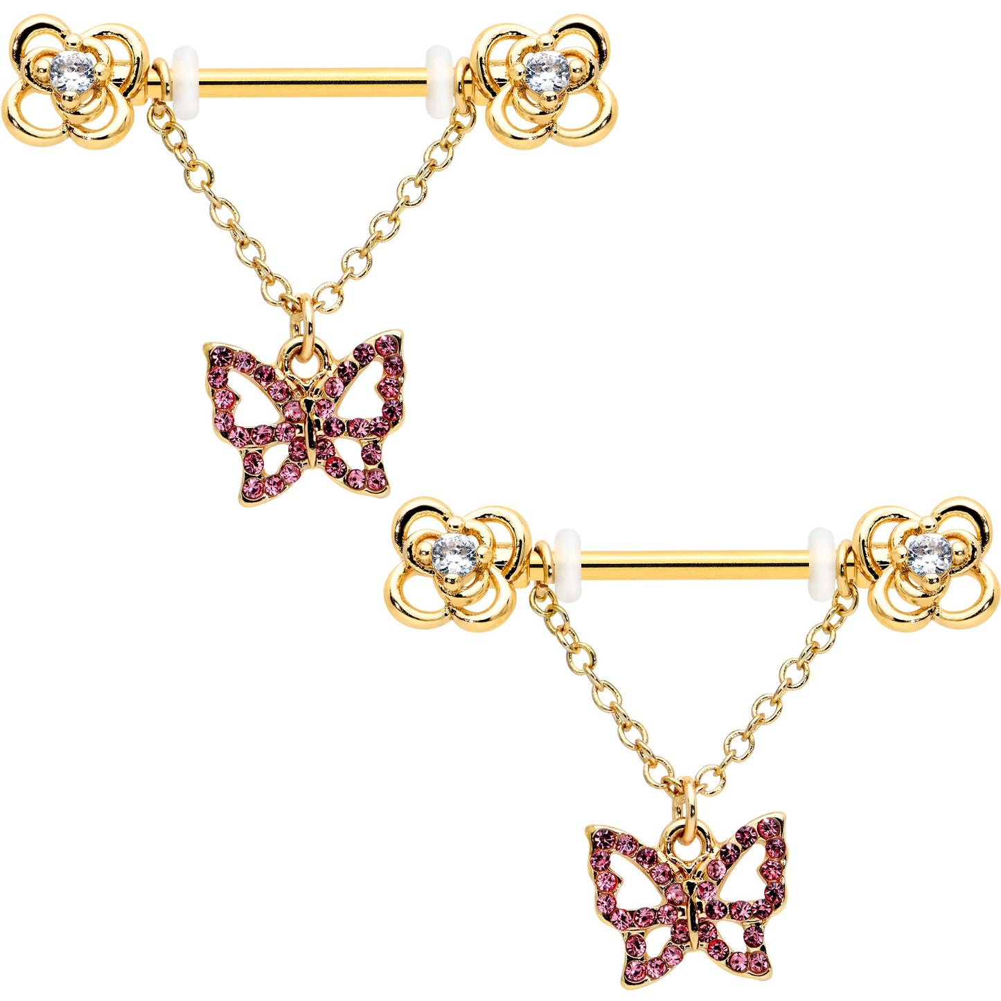 14G 5/8 Pink Gem Gold Hue Simple Butterfly Dangle Nipple Ring Set
