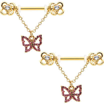 14G 5/8 Pink Gem Gold Hue Simple Butterfly Dangle Nipple Ring Set