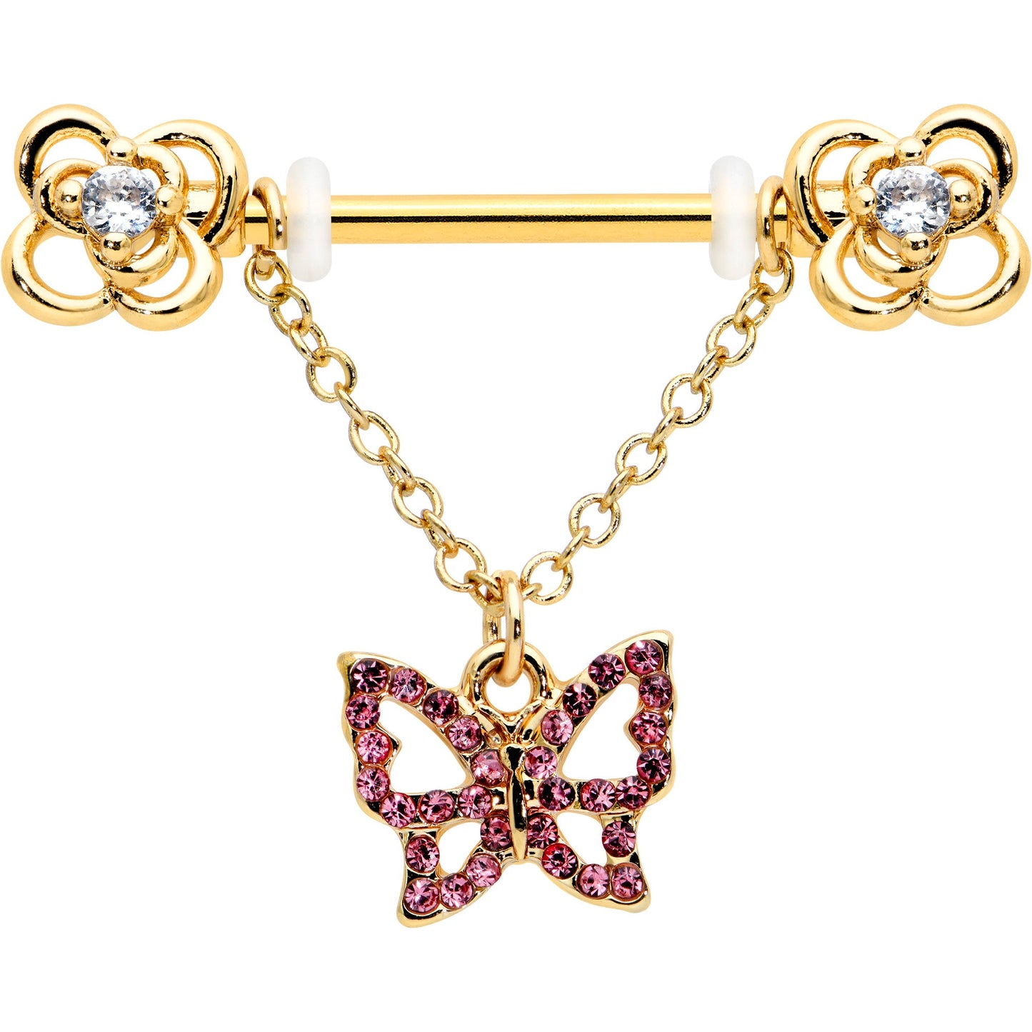 14G 5/8 Pink Gem Gold Hue Simple Butterfly Dangle Nipple Ring Set