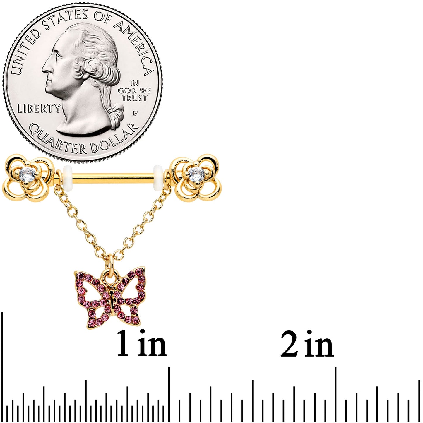 14G 5/8 Pink Gem Gold Hue Simple Butterfly Dangle Nipple Ring Set