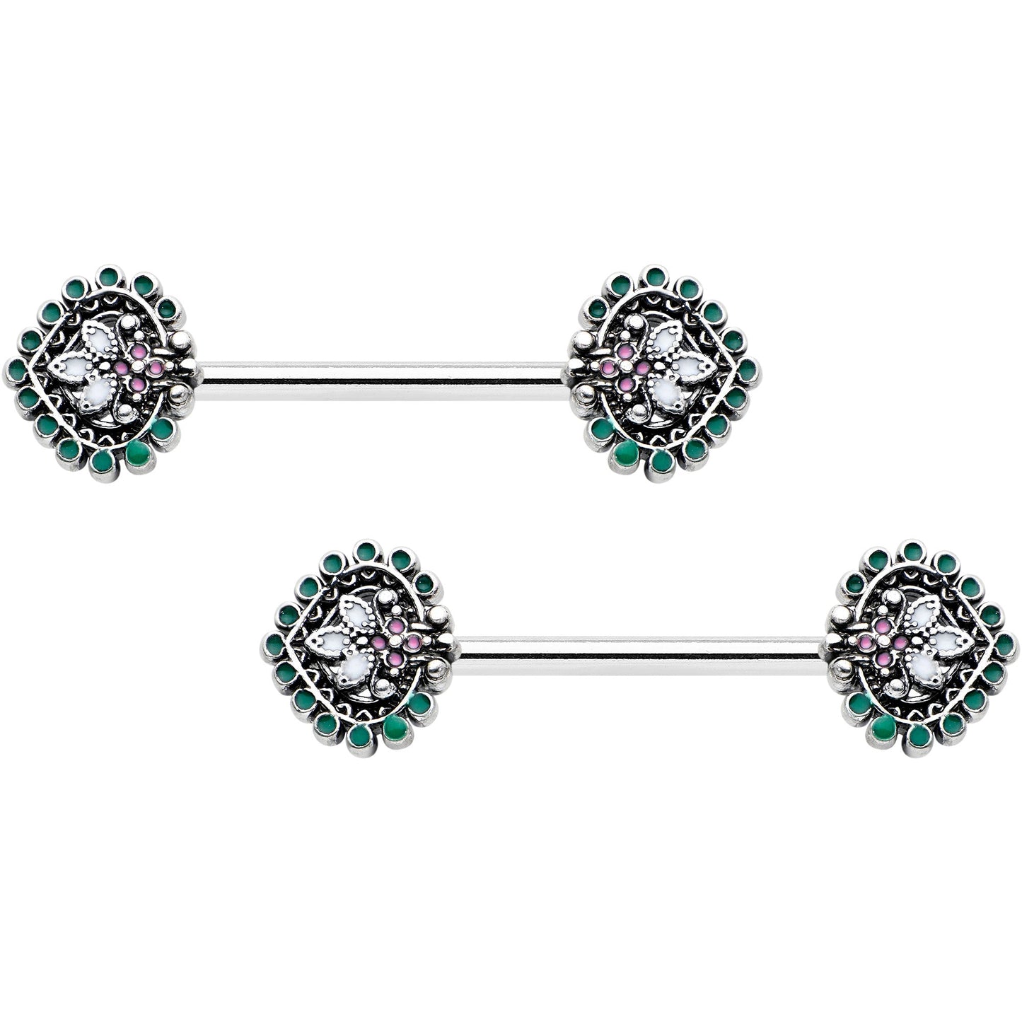 14G 9/16 Stylized Pink Green Leaf Barbell Nipple Ring Set