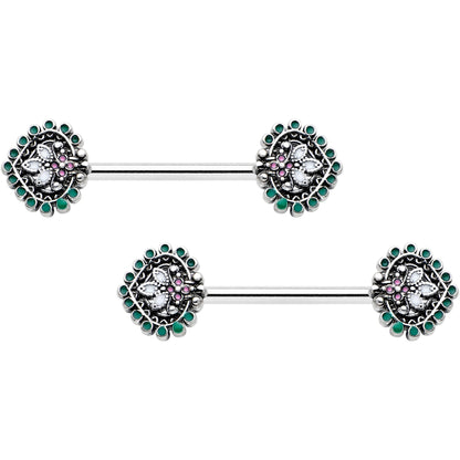 14G 9/16 Stylized Pink Green Leaf Barbell Nipple Ring Set