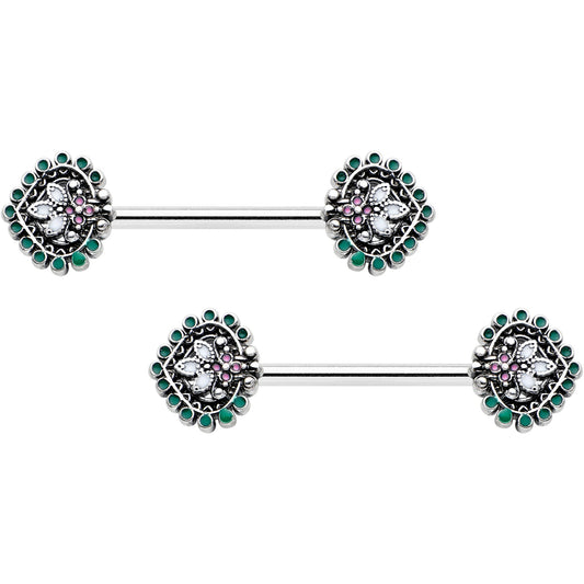 14G 9/16 Stylized Pink Green Leaf Barbell Nipple Ring Set