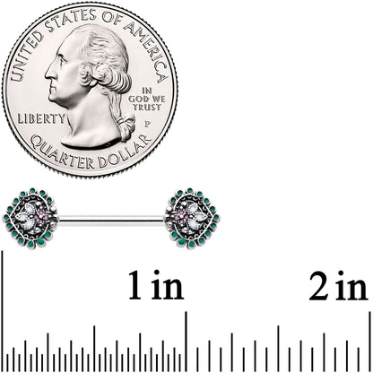 14G 9/16 Stylized Pink Green Leaf Barbell Nipple Ring Set