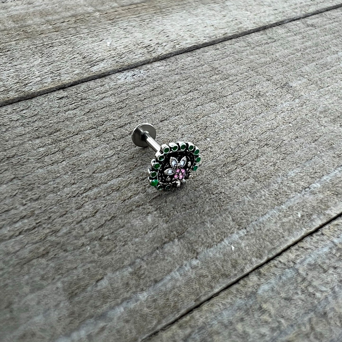 16G 5/16 Stylized Pink Green Abstract Leaf Labret Monroe Tragus