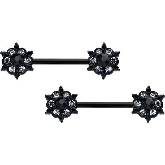 14G 9/16 Clear CZ Gem Black Abstract Sun Barbell Nipple Ring Set