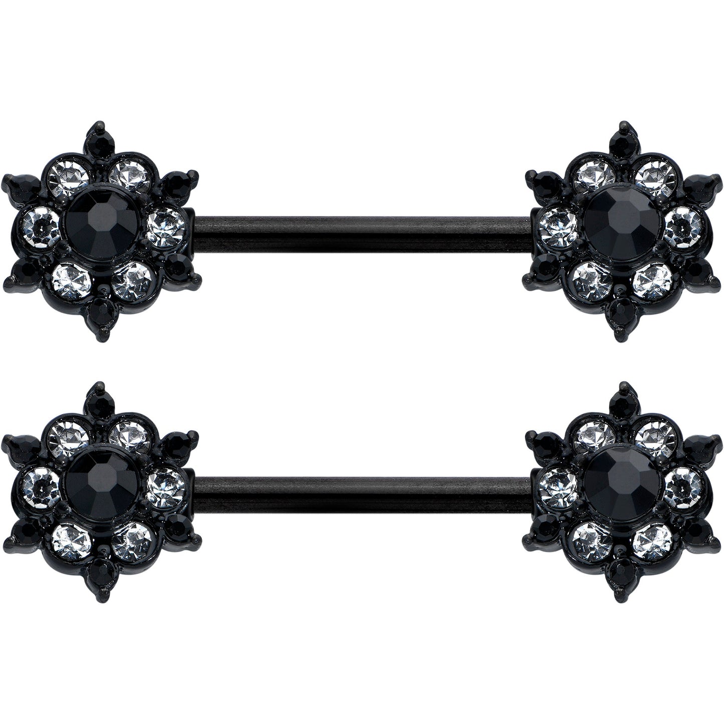 14G 9/16 Clear CZ Gem Black Abstract Sun Barbell Nipple Ring Set