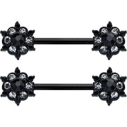 14G 9/16 Clear CZ Gem Black Abstract Sun Barbell Nipple Ring Set