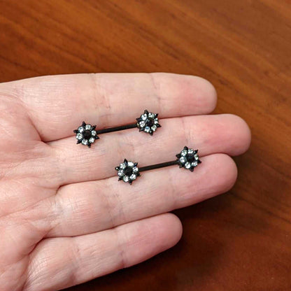 14G 9/16 Clear CZ Gem Black Abstract Sun Barbell Nipple Ring Set