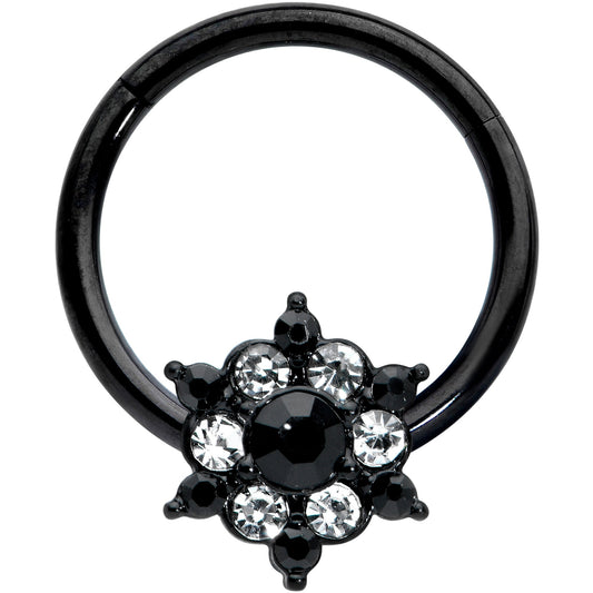 16G 3/8 Clear CZ Gem Black Abstract Sun Hinged Segment Ring