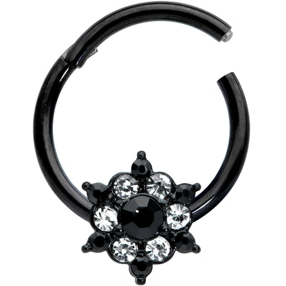 16G 3/8 Clear CZ Gem Black Abstract Sun Hinged Segment Ring