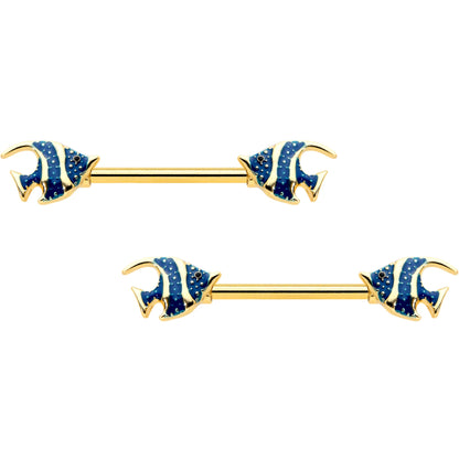 14G 9/16 Gold Tone Blue Stripe Adorable Angelfish Nipple Ring Set