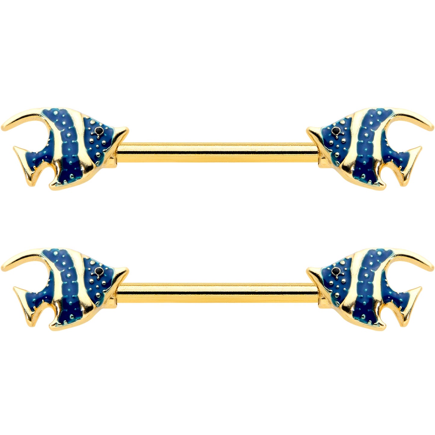 14G 9/16 Gold Tone Blue Stripe Adorable Angelfish Nipple Ring Set